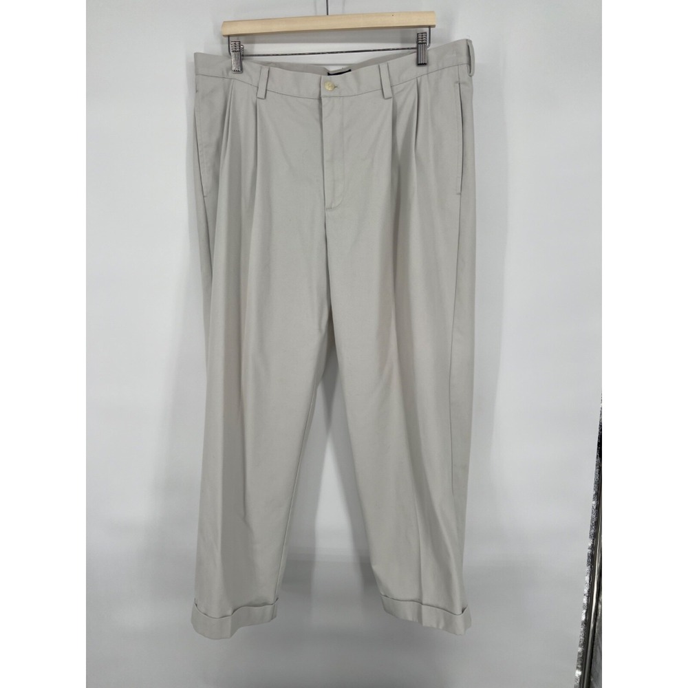 IZOD Mens Pleated Cuffed Trousers Stone Gray Relaxed Fit Dress Pants 38x28